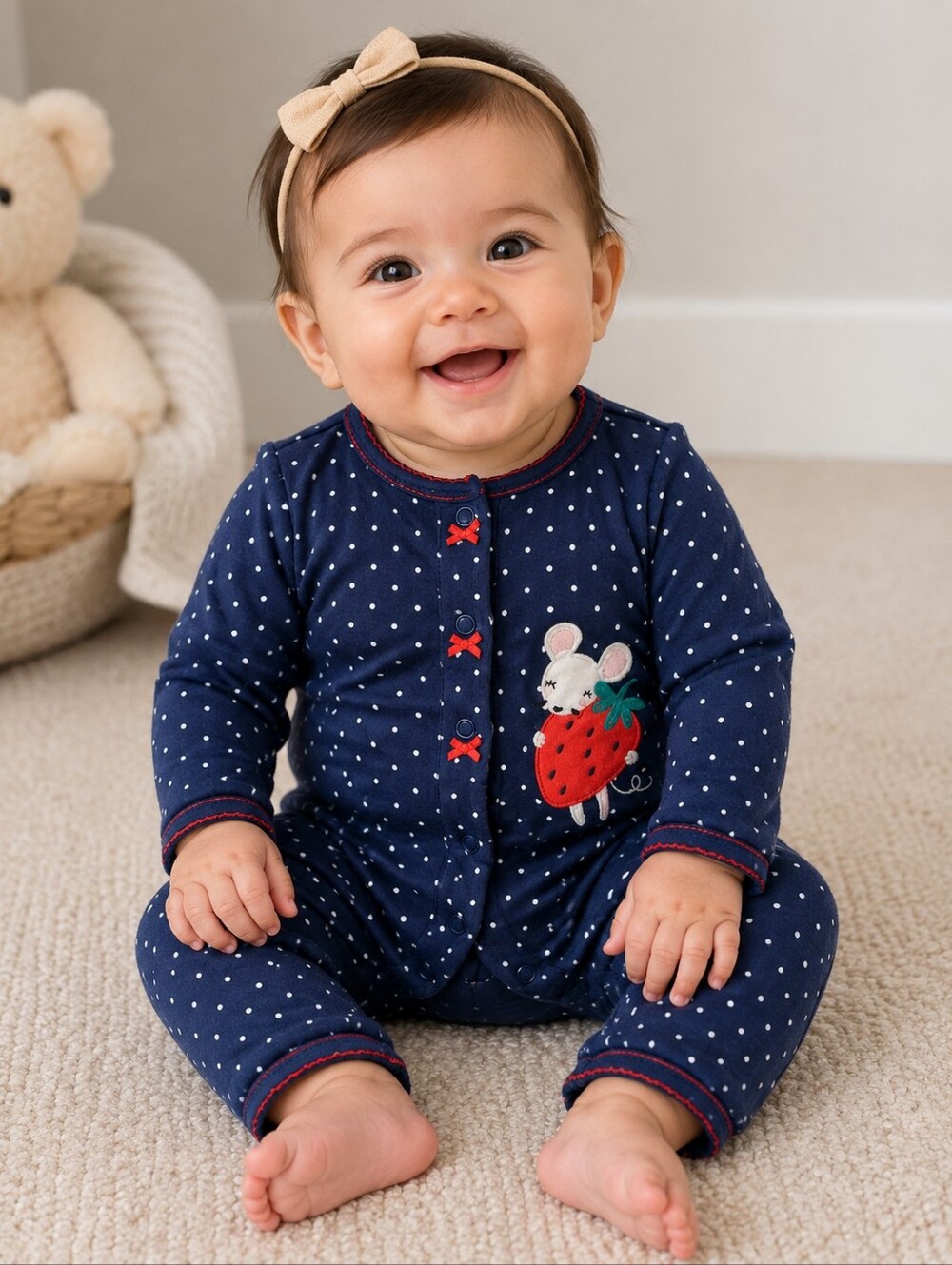 Carter's Navy Polka Dot Footie with Strawberry Mouse